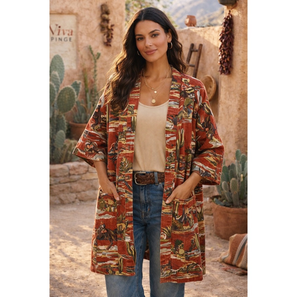 Western Desert Duster Kimono Jacket Cowboy Cactus Print Southwestern Boho - Picture 1 of 10